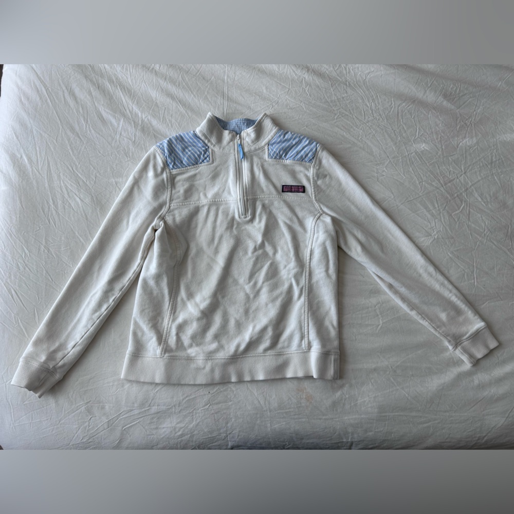 Vineyard Vines White and Blue Striped Quarter-Zip Pullover